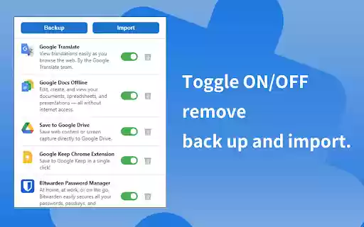 Extension Manager / Backup  from Chrome web store to be run with OffiDocs Chromium online