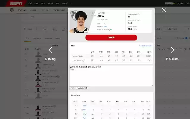 Fantasy Espn Basketball Player Comment  from Chrome web store to be run with OffiDocs Chromium online