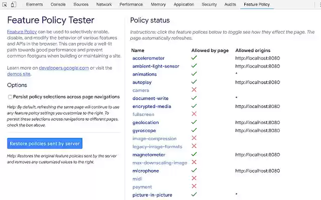 Розширення DevTools Tester Policy Tester із веб-магазину Chrome для запуску з OffiDocs Chromium онлайн