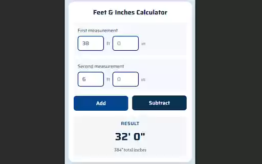 Feet Inches Calculator from Chrome web store to be run with OffiDocs Chromium online Feet Inches Calculator from Chrome web store to be run with OffiDocs Chromium online
