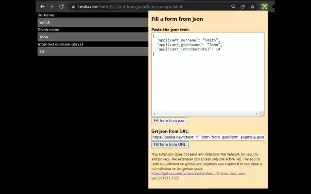 Fill form from json from Chrome web store to be run with OffiDocs Chromium online Fill form from json from Chrome web store to be run with OffiDocs Chromium online