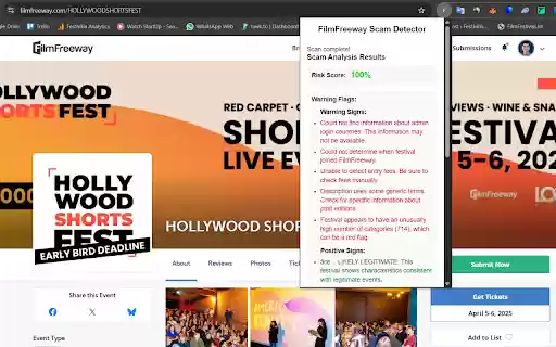 FilmFreeway Scam Detector  from Chrome web store to be run with OffiDocs Chromium online