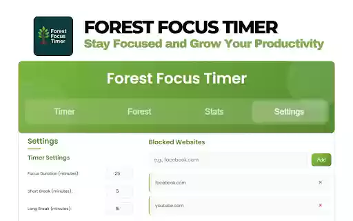 Forest Focus Timer: Stay Focused and Grow Your Productivity  from Chrome web store to be run with OffiDocs Chromium online