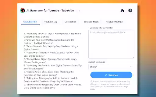 Free AI Tag Generator for Youtube TubeAide  from Chrome web store to be run with OffiDocs Chromium online