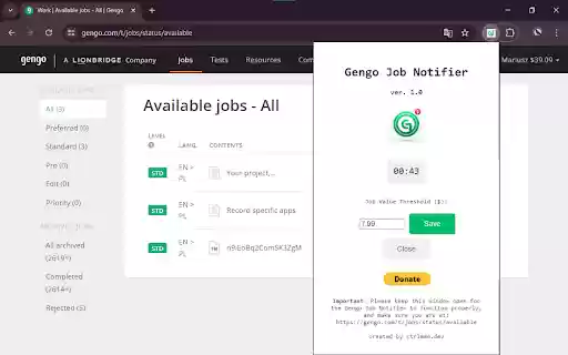 Gengo Job Notifier  from Chrome web store to be run with OffiDocs Chromium online