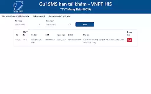 Gửi SMS Hẹn Tái Khám VNPT HIS 86019  from Chrome web store to be run with OffiDocs Chromium online