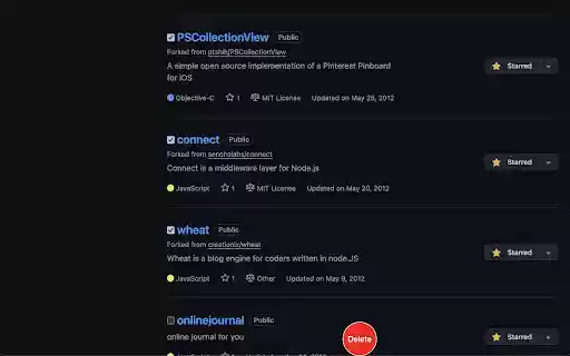 Github Bulk Delete  from Chrome web store to be run with OffiDocs Chromium online