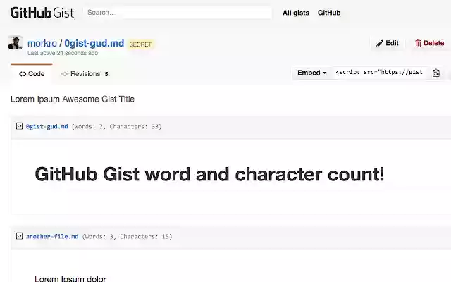GitHub Gist Word Count  from Chrome web store to be run with OffiDocs Chromium online