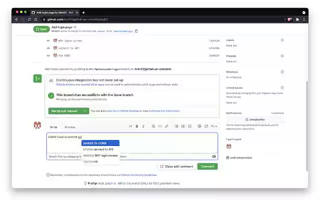 Github Pull Request Commits  from Chrome web store to be run with OffiDocs Chromium online