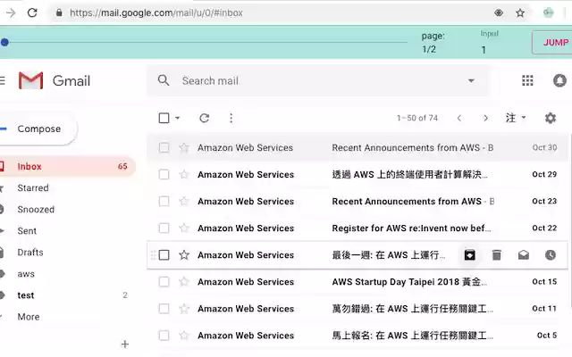 Gmail pagination slider  from Chrome web store to be run with OffiDocs Chromium online