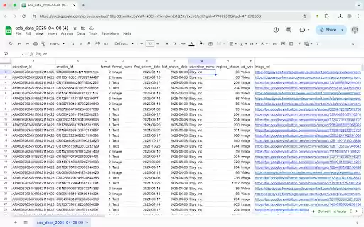 Google Ads Transparency Data Exporter  from Chrome web store to be run with OffiDocs Chromium online