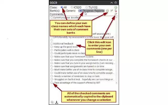 Google Gradebook Comment Bank  from Chrome web store to be run with OffiDocs Chromium online