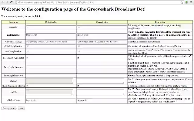 Grooveshark Broadcast Bot  from Chrome web store to be run with OffiDocs Chromium online