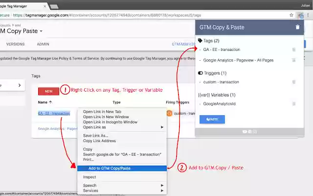 GTM Copy Paste  from Chrome web store to be run with OffiDocs Chromium online