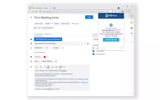 HDMeet Chrome Scheduler  from Chrome web store to be run with OffiDocs Chromium online