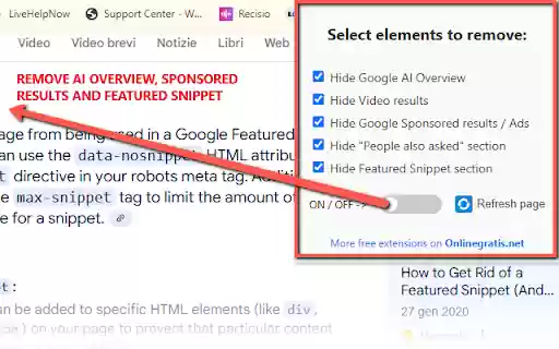 Hide Google AI Overview, Sponsored results and Snippet  from Chrome web store to be run with OffiDocs Chromium online