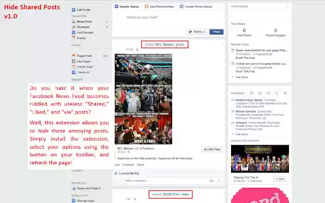 Hide Shared Posts  from Chrome web store to be run with OffiDocs Chromium online