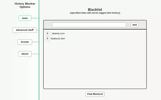 History Blocker by Site  from Chrome web store to be run with OffiDocs Chromium online