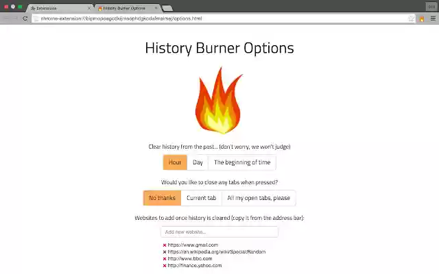 History Burner from Chrome web store to be run with OffiDocs Chromium online History Burner from Chrome web store to be run with OffiDocs Chromium online