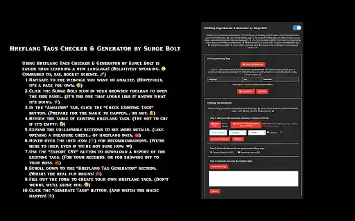 Hreflang Tags Checker  Generator by Surge Bolt  from Chrome web store to be run with OffiDocs Chromium online