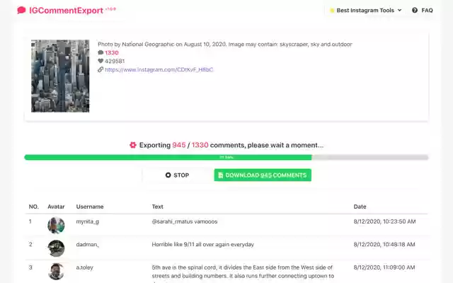 IGCommentExport Exporta comentarios de Instagram desde la tienda web de Chrome para ejecutarlos con OffiDocs Chromium en línea