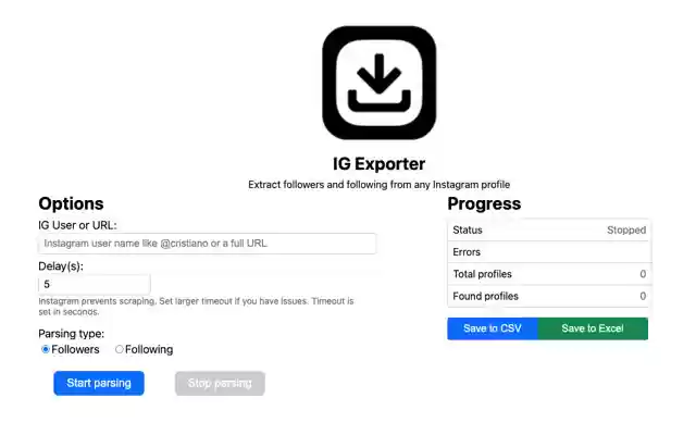 IG Tools IG Follower Export Tool з веб-магазину Chrome, який буде запущено з OffiDocs Chromium онлайн