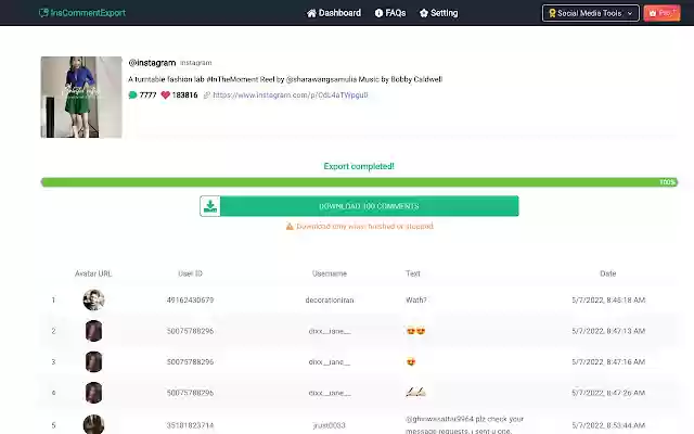 InsCommentExport Download Instagram Comments  from Chrome web store to be run with OffiDocs Chromium online