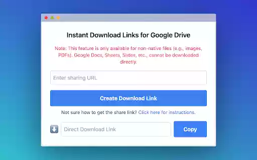 Instant Download Links for Google Drive  from Chrome web store to be run with OffiDocs Chromium online