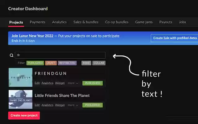 Itch Dashboard Filter from Chrome web store to be run with OffiDocs Chromium online Itch Dashboard Filter from Chrome web store to be run with OffiDocs Chromium online