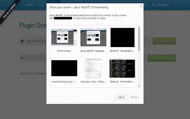 Compartilhamento de tela Janus WebRTC da Chrome Web Store para ser executado com OffiDocs Chromium online