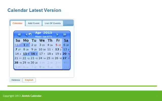 Jewish Gregorian Calendar (JewishCal)  from Chrome web store to be run with OffiDocs Chromium online