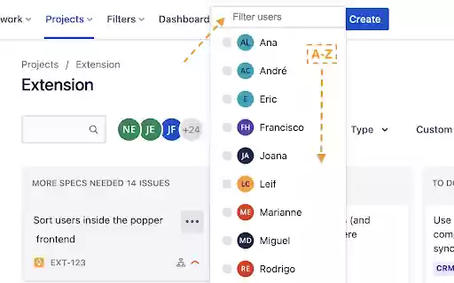 JIRA Sort and filter assigned users  from Chrome web store to be run with OffiDocs Chromium online