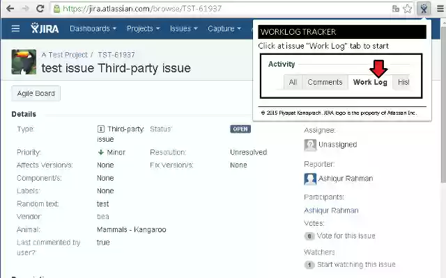 JIRA Worklog Tracker  from Chrome web store to be run with OffiDocs Chromium online