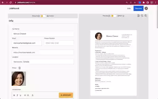 Бесплатный конструктор резюме JobHunnt AI для отслеживания вакансий из интернет-магазина Chrome будет работать с OffiDocs Chromium онлайн