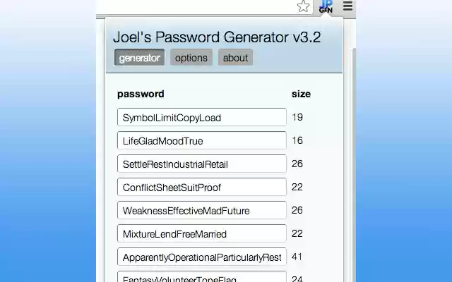 Joels Password Generator from Chrome web store to be run with OffiDocs Chromium online Joels Password Generator from Chrome web store to be run with OffiDocs Chromium online