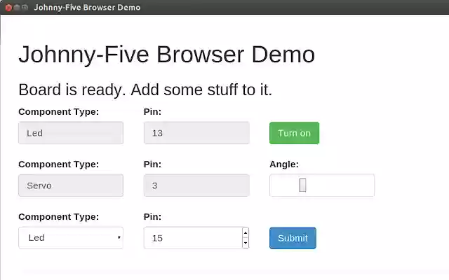 Johnny Five Demo  from Chrome web store to be run with OffiDocs Chromium online