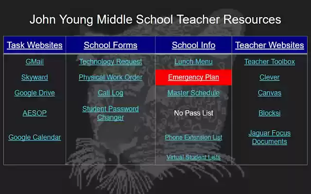 John Young Middle School Teacher Resource from Chrome web store to be run with OffiDocs Chromium online John Young Middle School Teacher Resource from Chrome web store to be run with OffiDocs Chromium online