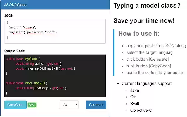 JSON2Class from Chrome web store to be run with OffiDocs Chromium online JSON2Class from Chrome web store to be run with OffiDocs Chromium online