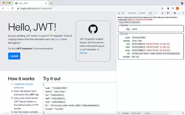 JWT Inspector  from Chrome web store to be run with OffiDocs Chromium online