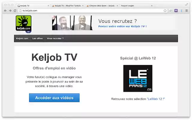 Keljob TV from Chrome web store to be run with OffiDocs Chromium online Keljob TV from Chrome web store to be run with OffiDocs Chromium online