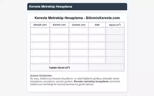 Kereste Metreküp Hesaplama  from Chrome web store to be run with OffiDocs Chromium online