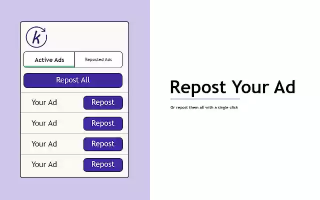 Kijiji Repost from Chrome web store to be run with OffiDocs Chromium online Kijiji Repost from Chrome web store to be run with OffiDocs Chromium online