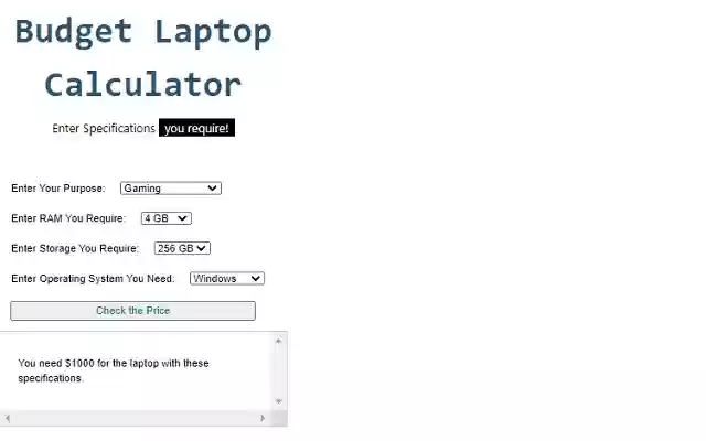 Laptop Budget Calculator  from Chrome web store to be run with OffiDocs Chromium online