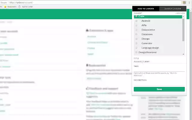 Larder: Penanda halaman untuk pembangun dari kedai web Chrome untuk dijalankan dengan OffiDocs Chromium dalam talian