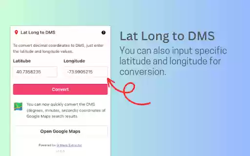Lat Long to DMS Latitude Longitude Convert  from Chrome web store to be run with OffiDocs Chromium online