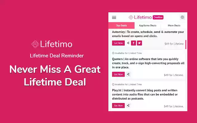 Lifetime Deal Reminder by Lifetimo  from Chrome web store to be run with OffiDocs Chromium online