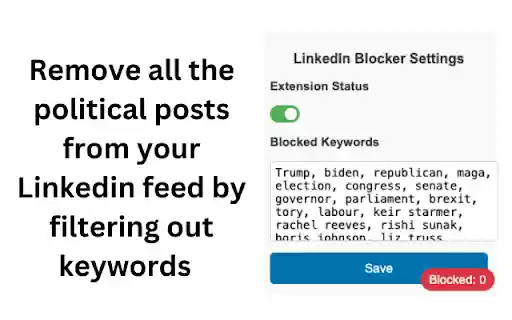 LinkedIn Political Content Blocker  from Chrome web store to be run with OffiDocs Chromium online