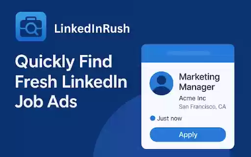 LinkedInRush: Because Minutes Matter. Apply Fast. Get Hired. from Chrome web store to be run with OffiDocs Chromium online LinkedInRush: Because Minutes Matter. Apply Fast. Get Hired. from Chrome web store to be run with OffiDocs Chromium online