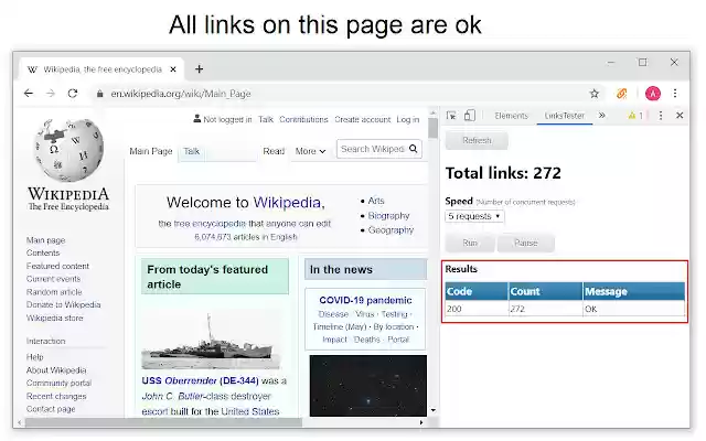 Links tester  from Chrome web store to be run with OffiDocs Chromium online