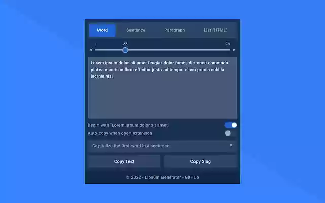 Lipsum Generator  from Chrome web store to be run with OffiDocs Chromium online